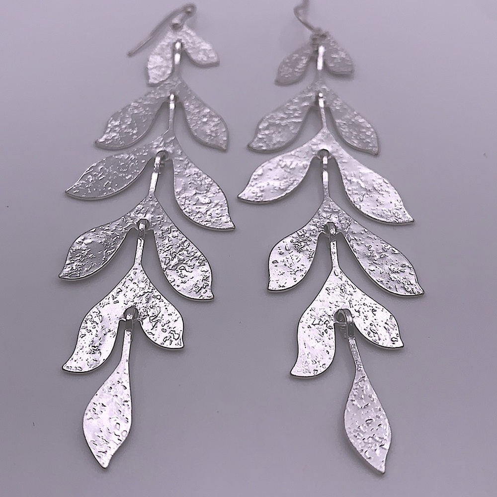 Brushed Hammered Silver Leaf Chandelier Earrings NEW